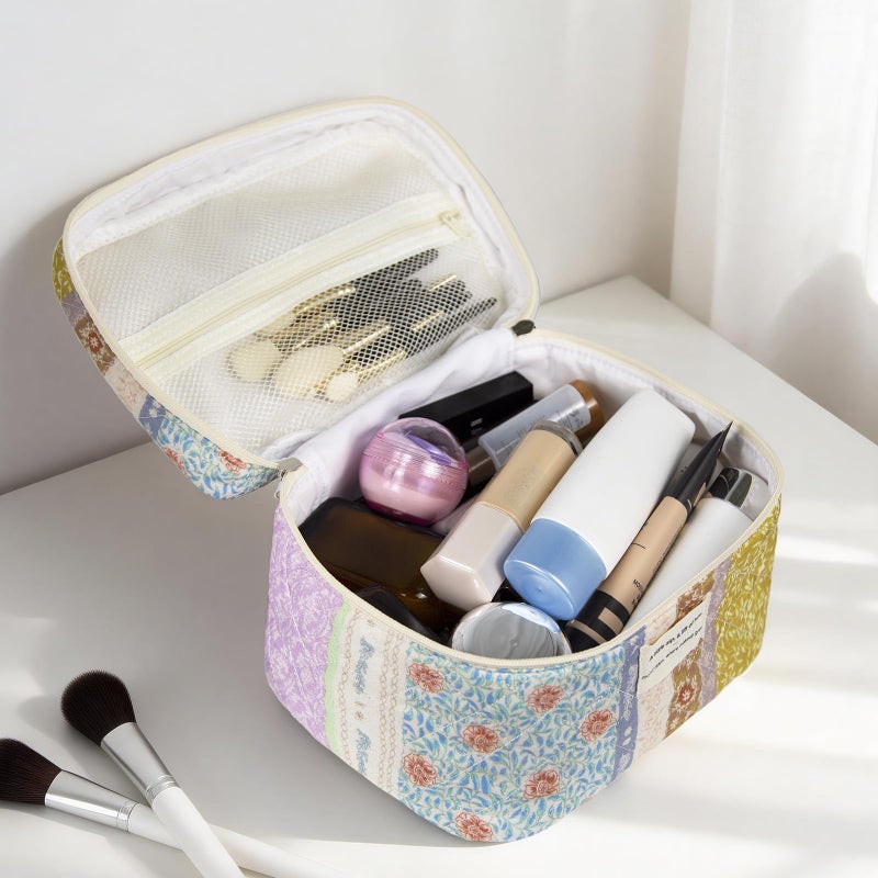 Gosect Floral Quilted Makeup Bag, Large Capacity Travel Cosmetic Organizer Bag with Handle, Portable Toiletry Bag for Women 6.3'' x 6.3'' x 9.84''(Multicolor) - Image 4
