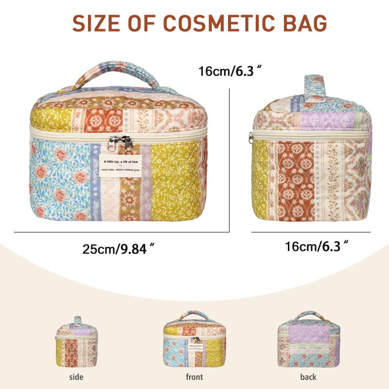 Gosect Floral Quilted Makeup Bag, Large Capacity Travel Cosmetic Organizer Bag with Handle, Portable Toiletry Bag for Women 6.3'' x 6.3'' x 9.84''(Multicolor) - Image 2