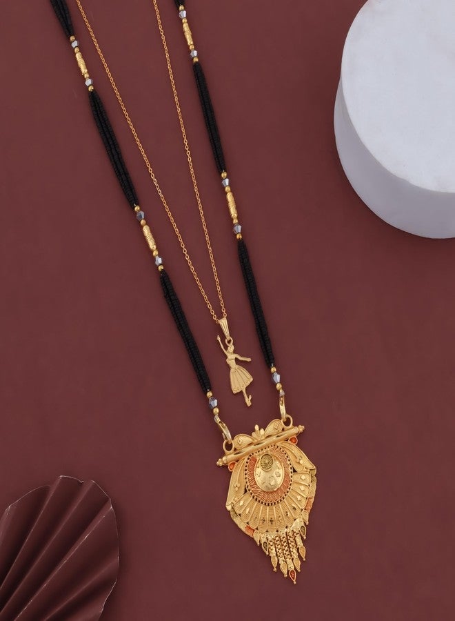 MALKYN Women's Gold Plated Peacock Motif Mangalsutra with Enamel Work and Ballerina Pendant Layered Necklace Set, Traditional Indian Black Beaded Jewelry-MD-052 - Image 2