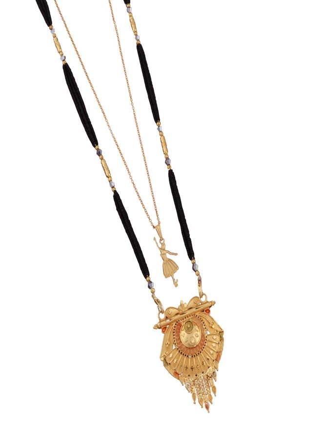 MALKYN Women's Gold Plated Peacock Motif Mangalsutra with Enamel Work and Ballerina Pendant Layered Necklace Set, Traditional Indian Black Beaded Jewelry-MD-052 - Image 1