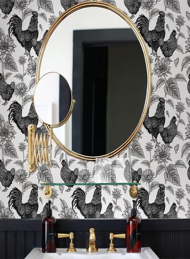MuralPeel ورق جدران MuralPeel أسود وأبيض بنقشة ديك ودجاج وعباد الشمس، سهل اللصق والإزالة، مناسب لغرف النوم والخزائن والمستأجرين - Image 4
