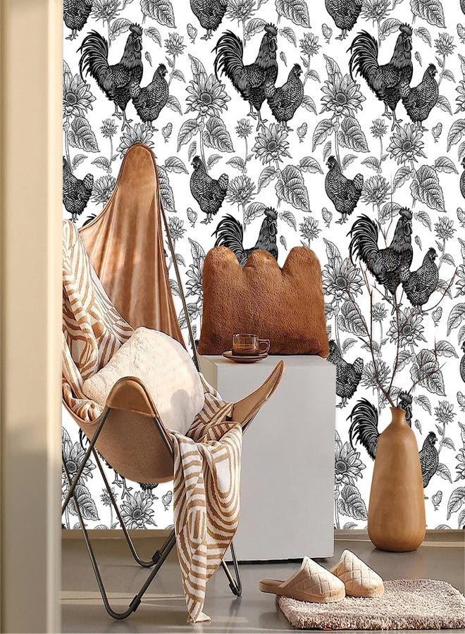 MuralPeel ورق جدران MuralPeel أسود وأبيض بنقشة ديك ودجاج وعباد الشمس، سهل اللصق والإزالة، مناسب لغرف النوم والخزائن والمستأجرين - Image 2