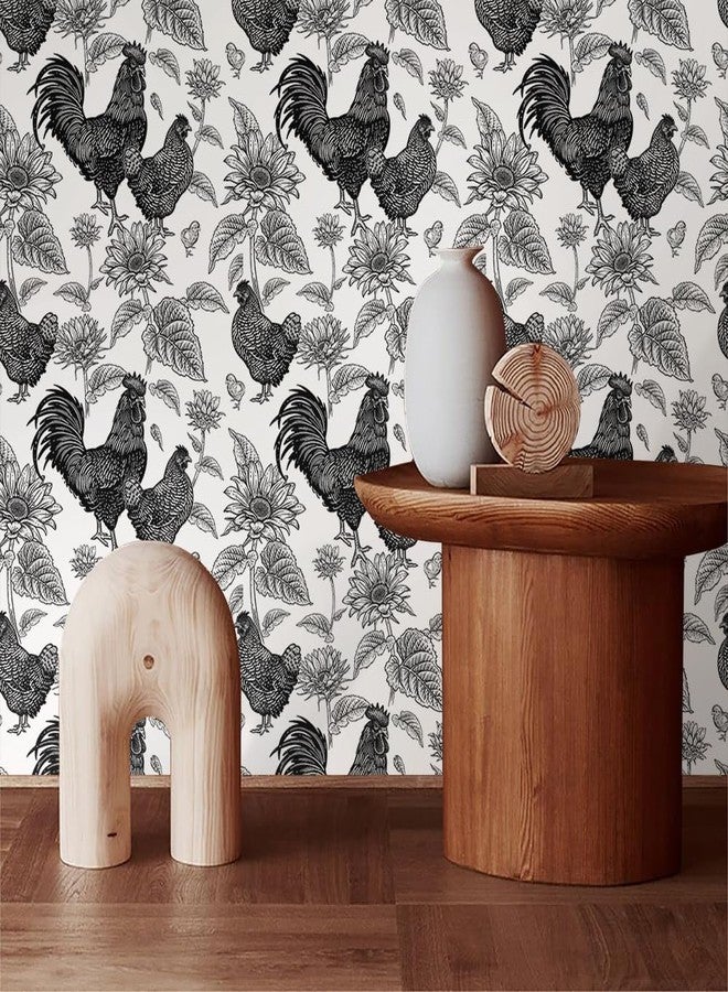 MuralPeel ورق جدران MuralPeel أسود وأبيض بنقشة ديك ودجاج وعباد الشمس، سهل اللصق والإزالة، مناسب لغرف النوم والخزائن والمستأجرين - Image 3