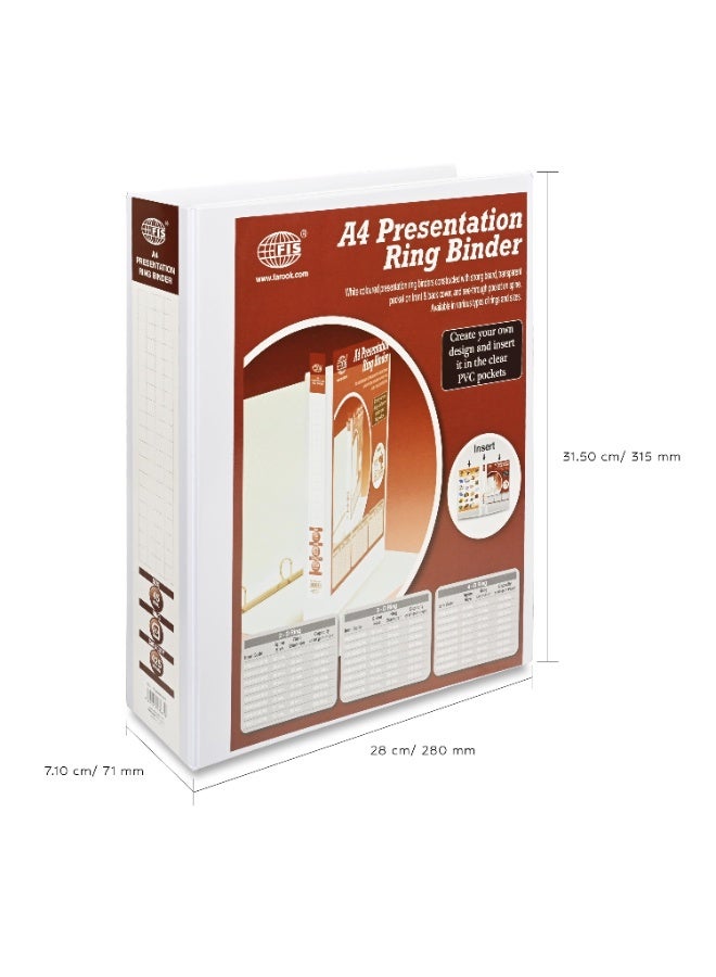 FIS Presentation Binder, A4 Size(210x297mm), 3[D]Ring Type, 45mm Ring Size, 2.50" Inches Spine with Clear PVC Pocket For Easy Insert Your Label Design, Packet of 2 Pieces, White Color-FSBD345DPB/2 - Image 2