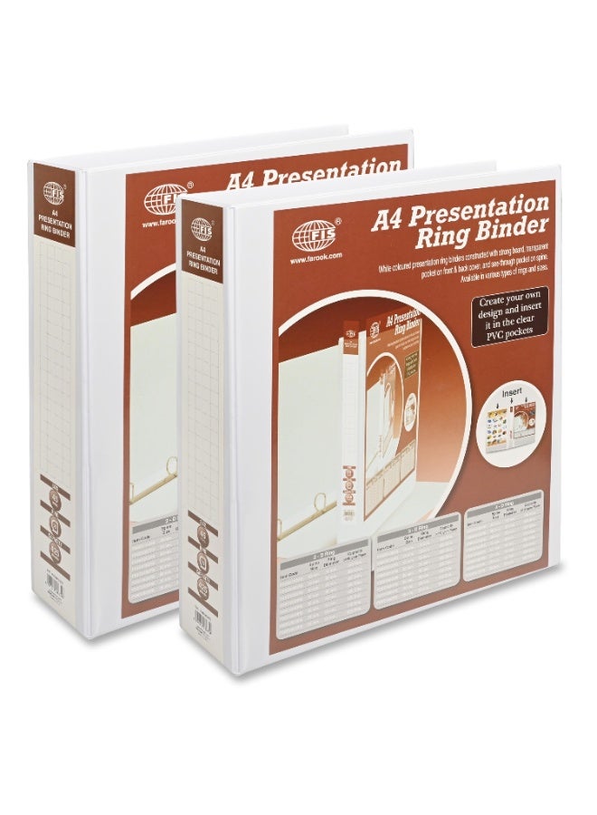 FIS Presentation Binder, A4 Size(210x297mm), 3[D]Ring Type, 45mm Ring Size, 2.50" Inches Spine with Clear PVC Pocket For Easy Insert Your Label Design, Packet of 2 Pieces, White Color-FSBD345DPB/2 - Image 1