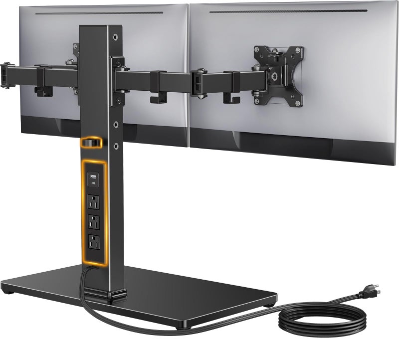 Perlegear Dual Monitor Stand with Power Strip, Freestanding Computer Monitor Stand for 2 Screens up to 32 Inch, Monitor Stand Riser with Glass Base and Adjustable Arms, Holds 22 lbs per Arm, PGTVS41B - Image 1