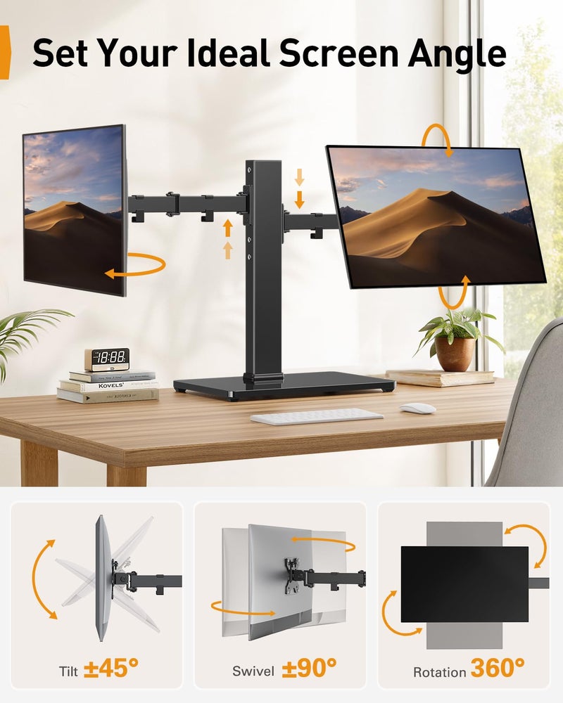 Perlegear Dual Monitor Stand with Power Strip, Freestanding Computer Monitor Stand for 2 Screens up to 32 Inch, Monitor Stand Riser with Glass Base and Adjustable Arms, Holds 22 lbs per Arm, PGTVS41B - Image 5