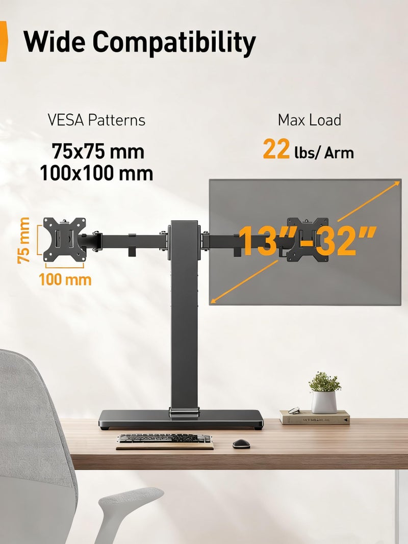 Perlegear Dual Monitor Stand with Power Strip, Freestanding Computer Monitor Stand for 2 Screens up to 32 Inch, Monitor Stand Riser with Glass Base and Adjustable Arms, Holds 22 lbs per Arm, PGTVS41B - Image 2