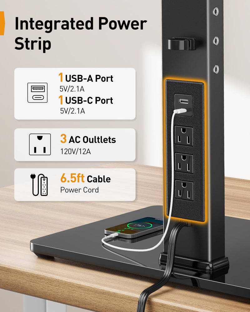 Perlegear Dual Monitor Stand with Power Strip, Freestanding Computer Monitor Stand for 2 Screens up to 32 Inch, Monitor Stand Riser with Glass Base and Adjustable Arms, Holds 22 lbs per Arm, PGTVS41B - Image 3
