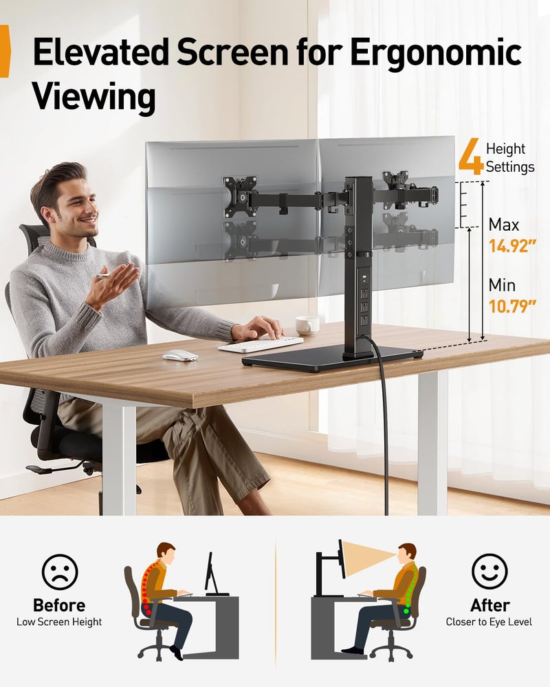 Perlegear Dual Monitor Stand with Power Strip, Freestanding Computer Monitor Stand for 2 Screens up to 32 Inch, Monitor Stand Riser with Glass Base and Adjustable Arms, Holds 22 lbs per Arm, PGTVS41B - Image 4