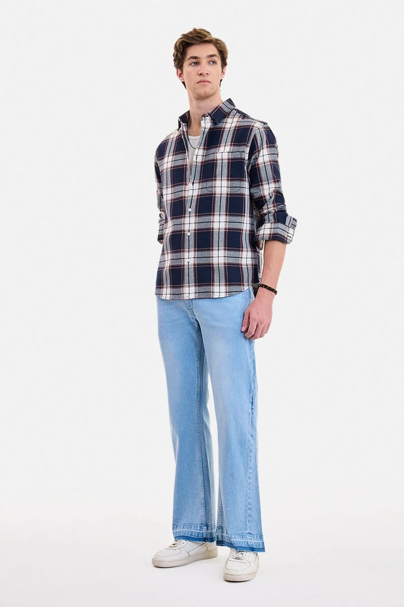سنيتش Navy Blue Checkered Long Sleeve Regular Fit Shirt