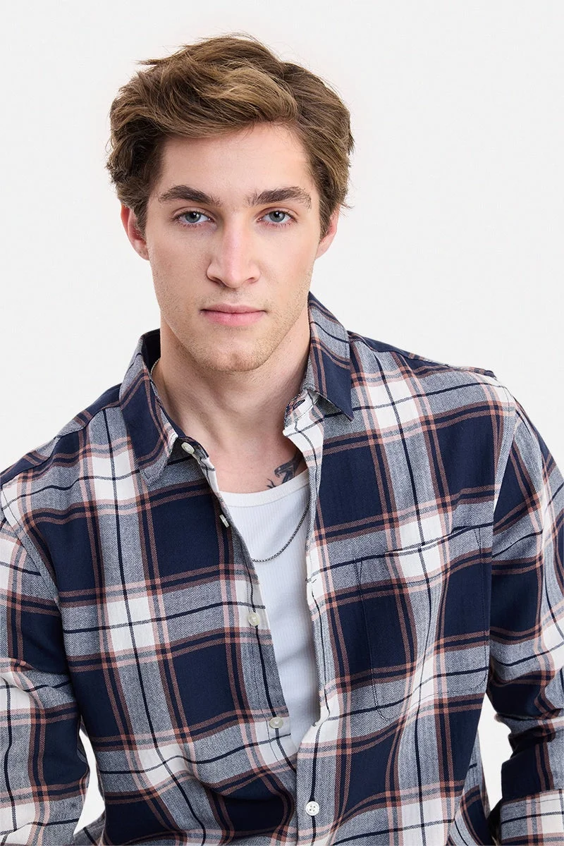 سنيتش Navy Blue Checkered Long Sleeve Regular Fit Shirt