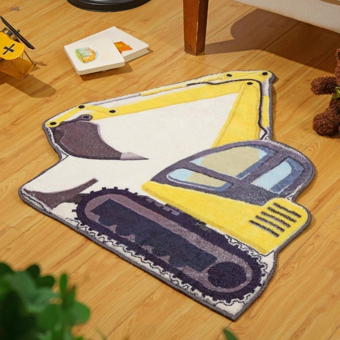 30 INCH KIDS EXCAVATOR BEDROOM RUG HAND TUFTED BOYS NONSLIP BATHROOM MAT DECORATIVE CONSTRUCTION TRUCKS PLAY AREA RUG CUTE SOFT FLUFFY MAT FOR BATHROOM BEDROOM NURSERY DECOR