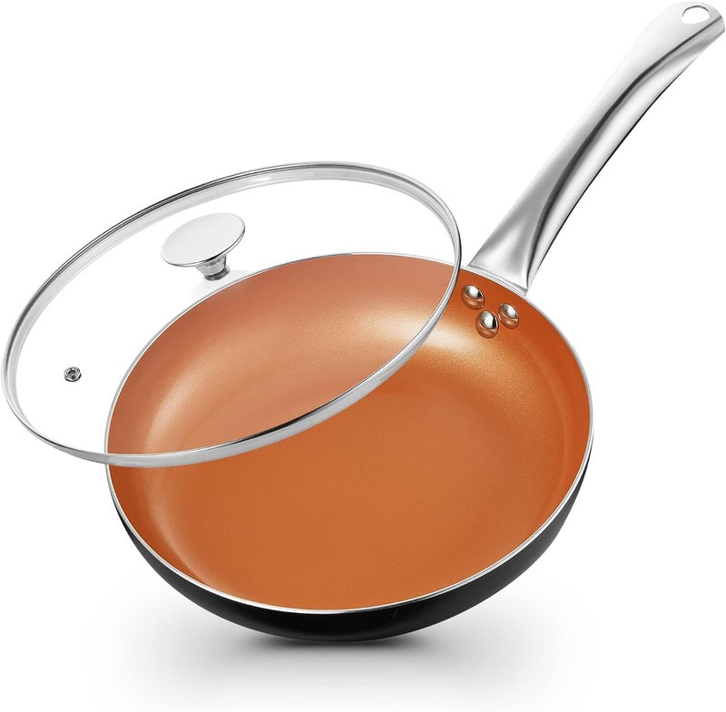 KOCH SYSTEME CS Little Skillet with Lid 8 Copper Nonstick Frying Pan for Oven Stove Small Skillet with Ceramic Coating Aluminum Nonstick Pan 100 PFOA Free All Stove Tops Compatible