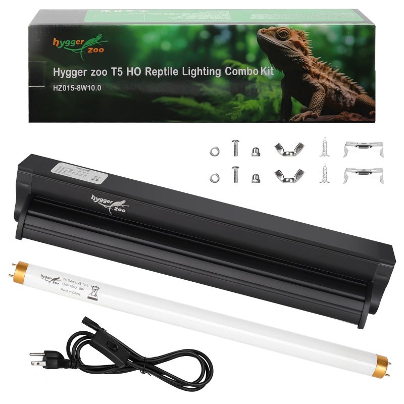 Hygger zoo T5 UVB Reptile Light Fixture HO UVB Bulb Lighting Combo Kit, 10.0 UVB Light for Reptiles Terrarium Hood with 8W Reptile Light Bar UVA UVB Desert Lamp for Bearded Dragon Turtle Tank, 12 Inch - Image 1