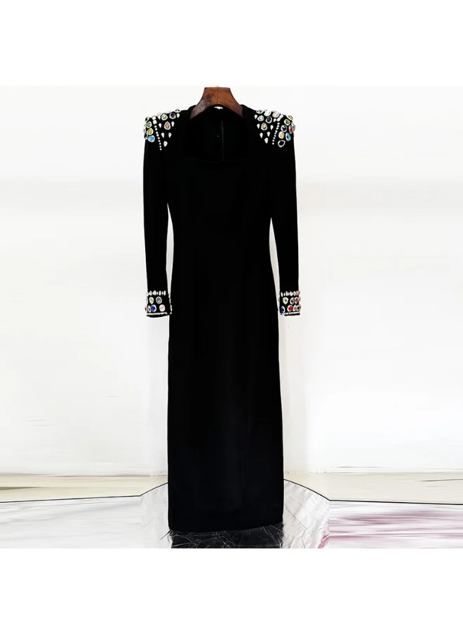 Madam Uniq Elegant Women's Long Sleeve Maxi Dress with Heavy Embellished Gemstones