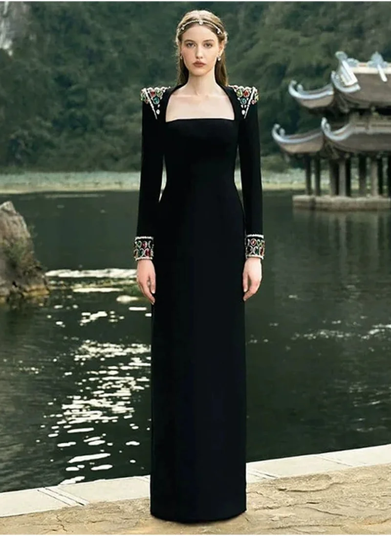 Madam Uniq Elegant Women's Long Sleeve Maxi Dress with Heavy Embellished Gemstones