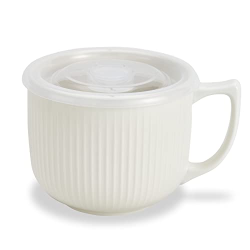 Hoilse Ceramic Soup Bowl with Handle 32oz Microwave Ramen Bowl with Lid Soup Mugs Cups for Cereal Oatmeal Ramen Instant Noodle Soup Container with Lid White