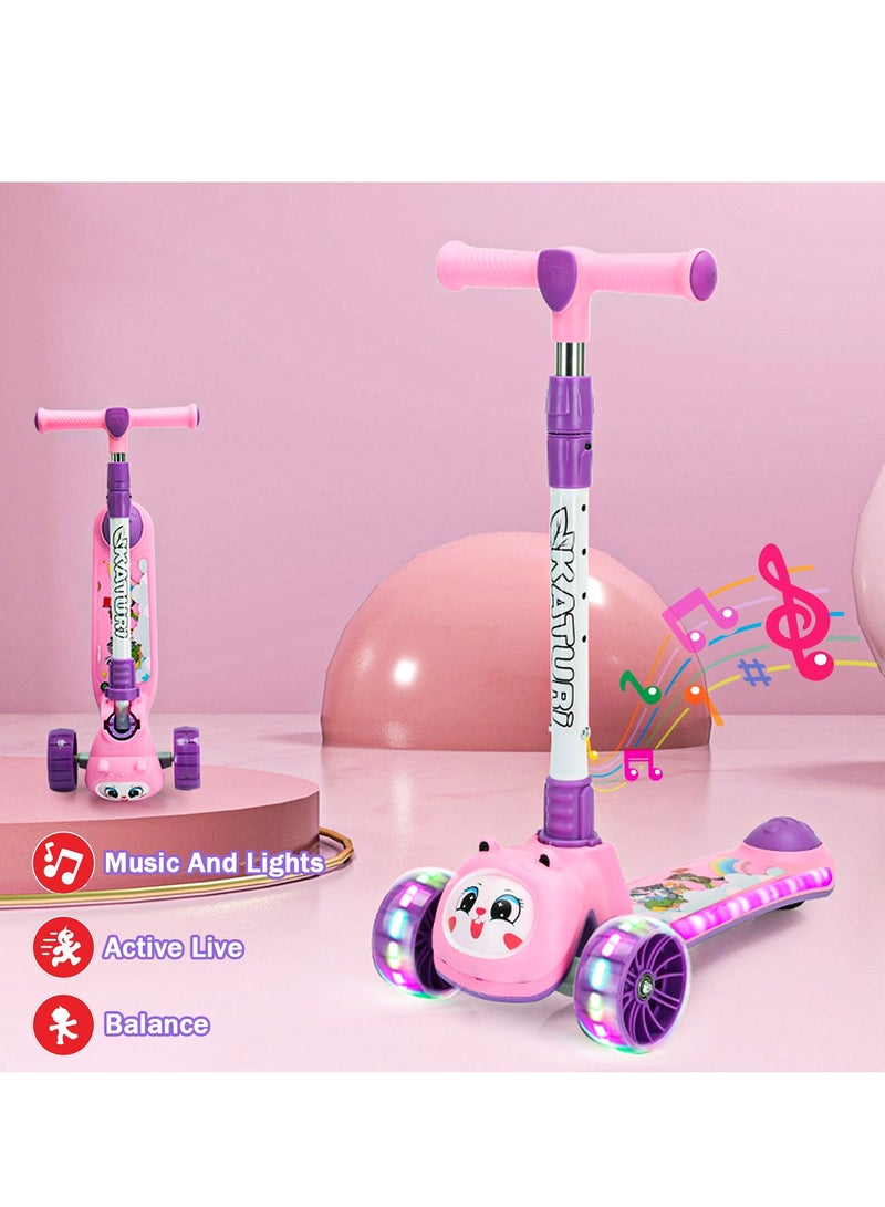 ال بي سكوتر ركل ثلاثي العجلات قابل للطي للأطفال مع أضواء LED - تصميم حيوان لطيف ومقود قابل للتعديل وتوجيه مائل وعجلات وامضة وموسيقى - Image 2