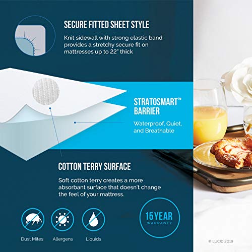 LUCID Premium Hypoallergenic 100% Waterproof Mattress Protector - Universal Fit, Cotton Terry Top, Full - Image 2