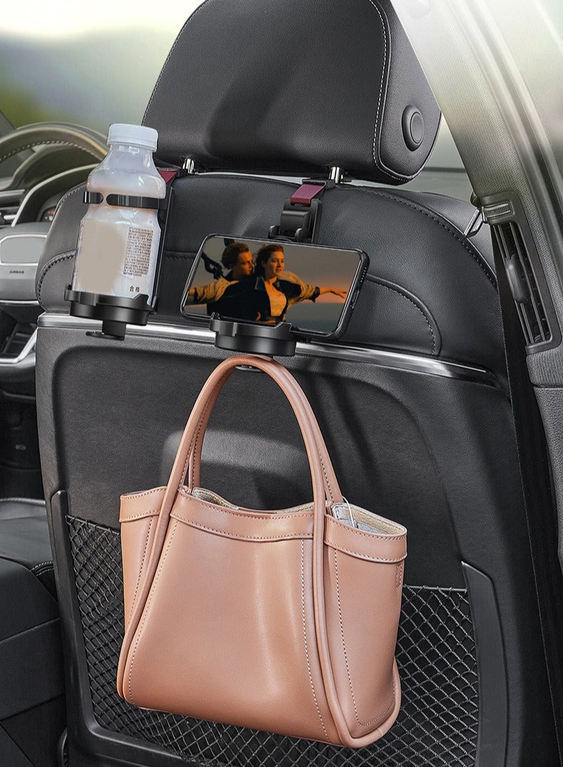 Car Cup Holder with Phone Holder and Car Purse Hook,3 in 1 Car Seat Hooks for Car Seat Organizer,Headrest Hooks for Car,Behind Over The Seat Hook Hang Bags,Cups and Phone - Image 4