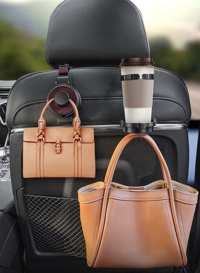 Car Cup Holder with Phone Holder and Car Purse Hook,3 in 1 Car Seat Hooks for Car Seat Organizer,Headrest Hooks for Car,Behind Over The Seat Hook Hang Bags,Cups and Phone - Image 1
