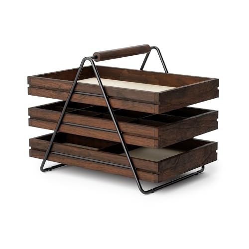 Umbra 1004037-048 Terrace Jewelry Tray – Three-Tier Jewelry Tray With Three Sliding Linen Lined Wood Trays With Metal Frame and Handle, Easy Storage and Access, Black/Walnut Finish - Image 1