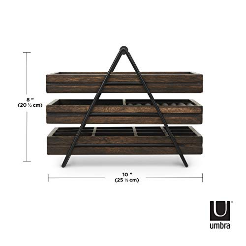 Umbra 1004037-048 Terrace Jewelry Tray – Three-Tier Jewelry Tray With Three Sliding Linen Lined Wood Trays With Metal Frame and Handle, Easy Storage and Access, Black/Walnut Finish - Image 2