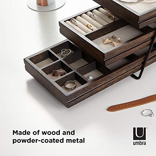 Umbra 1004037-048 Terrace Jewelry Tray – Three-Tier Jewelry Tray With Three Sliding Linen Lined Wood Trays With Metal Frame and Handle, Easy Storage and Access, Black/Walnut Finish - Image 5