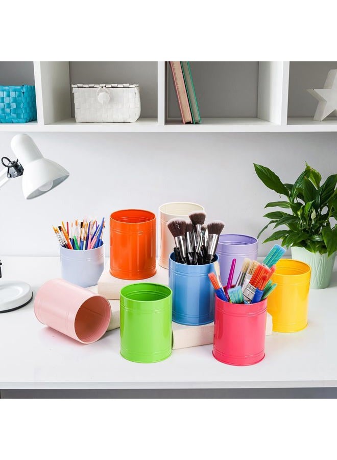 Tlence 9 Pack Metal Pen Holder, Desktop Colored Pencil Cup, Multifunctional Makeup Brush Organizer, Stationary Supplies Container Pail Bucket for Office School Classroom Crafts, 3.5 x 4.5 Inch - Image 4