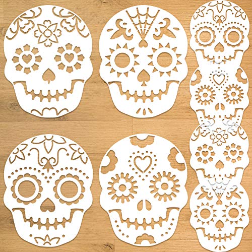 Konsait 8Pack Day of The Dead Cake Stencils Templates, Sugar Skull Cake Stencils Día de Los Muertos Mexican Party Halloween Reusable Cake Cookies Baking Painting Mold Tools, Small & Large Sizes - Image 1