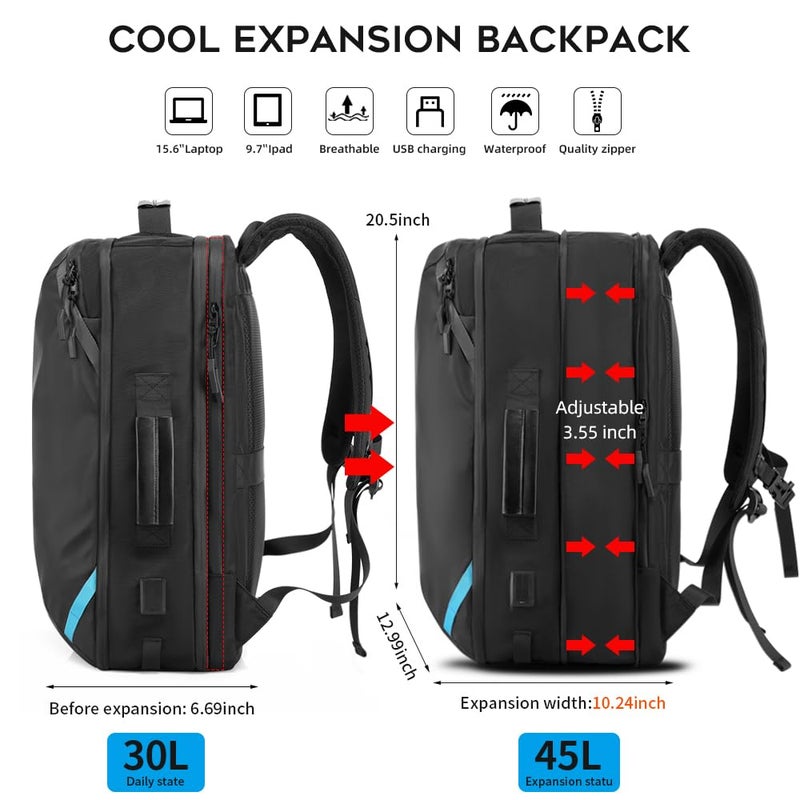 TANGCORLE Vacuum Compression Backpack with Pump, Extra Large Capacity 45L Expandable Travel Backpack, Water Resistant 17.3" Laptop Backpack with USB Charging Port for Men & Women - Image 5