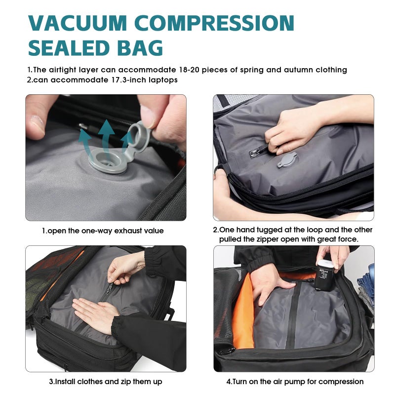 TANGCORLE Vacuum Compression Backpack with Pump, Extra Large Capacity 45L Expandable Travel Backpack, Water Resistant 17.3" Laptop Backpack with USB Charging Port for Men & Women - Image 3