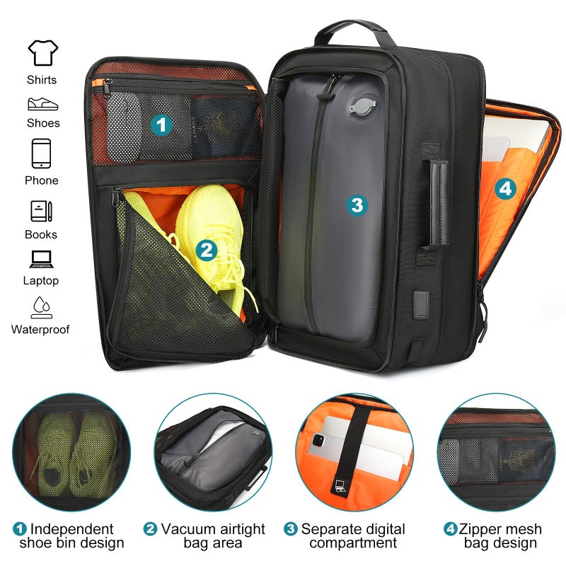 TANGCORLE Vacuum Compression Backpack with Pump, Extra Large Capacity 45L Expandable Travel Backpack, Water Resistant 17.3" Laptop Backpack with USB Charging Port for Men & Women - Image 2