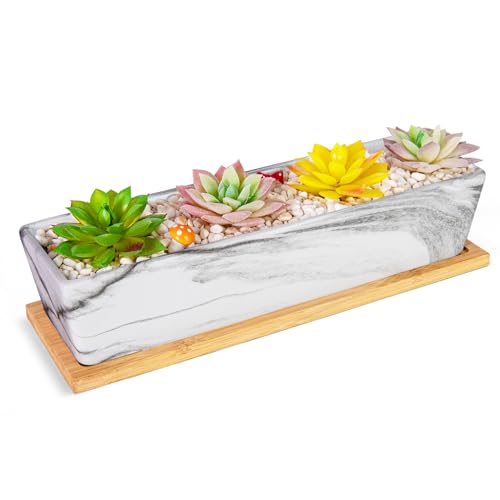 ARTKETTY Succulent Pots - 12.1 Inch Large Succulent Pots with Drainage Tray, Window Sill Planter, Long Rectangle Ceramic Pots for Indoor Cactus/Succulent Plants Shallow Bonsai Window Box for Home Garden Decor - Image 1