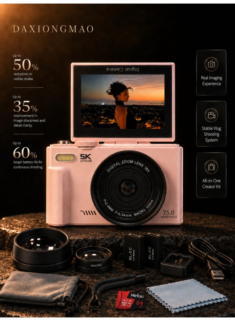 Daxiongmao 75MP 5K Digital Camera Kit with 18X Zoom, Auto Focus, Wide-Angle & Macro Lenses, Compact Portable Travel Camera Includes 64GB Card & 2 Batteries, Ideal for Vlogging, Photography and Teens (Pink camera for girls) - Image 1
