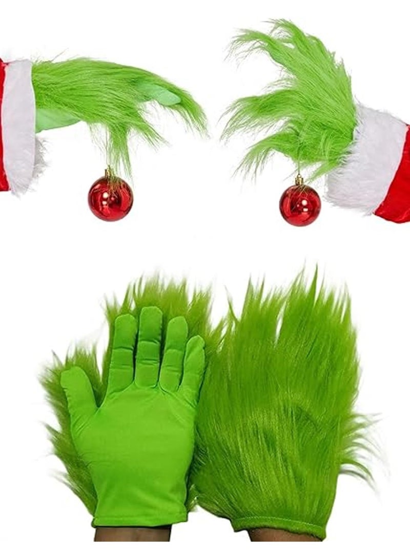 قفازات قزم عيد الميلاد، قفازات زي الوحش الأخضر، قفازات عيد الميلاد المضحكة والغامضة، سانتا كلوز فروي للرجال والنساء البالغين، زينة - Image 1