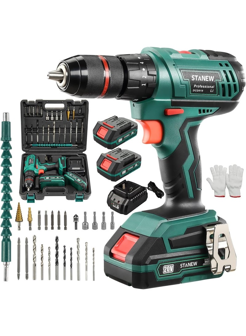 Stanew Cordless Drill Set, Hammer Drill Driver 2 X 20v 2.0ah Lithium-Ion Batteries And Charger, 18+3 Torque, 24 Accessories + Plastic Case Carrying Case For Wood Drilling And Screwdriver/Fastening - Image 1