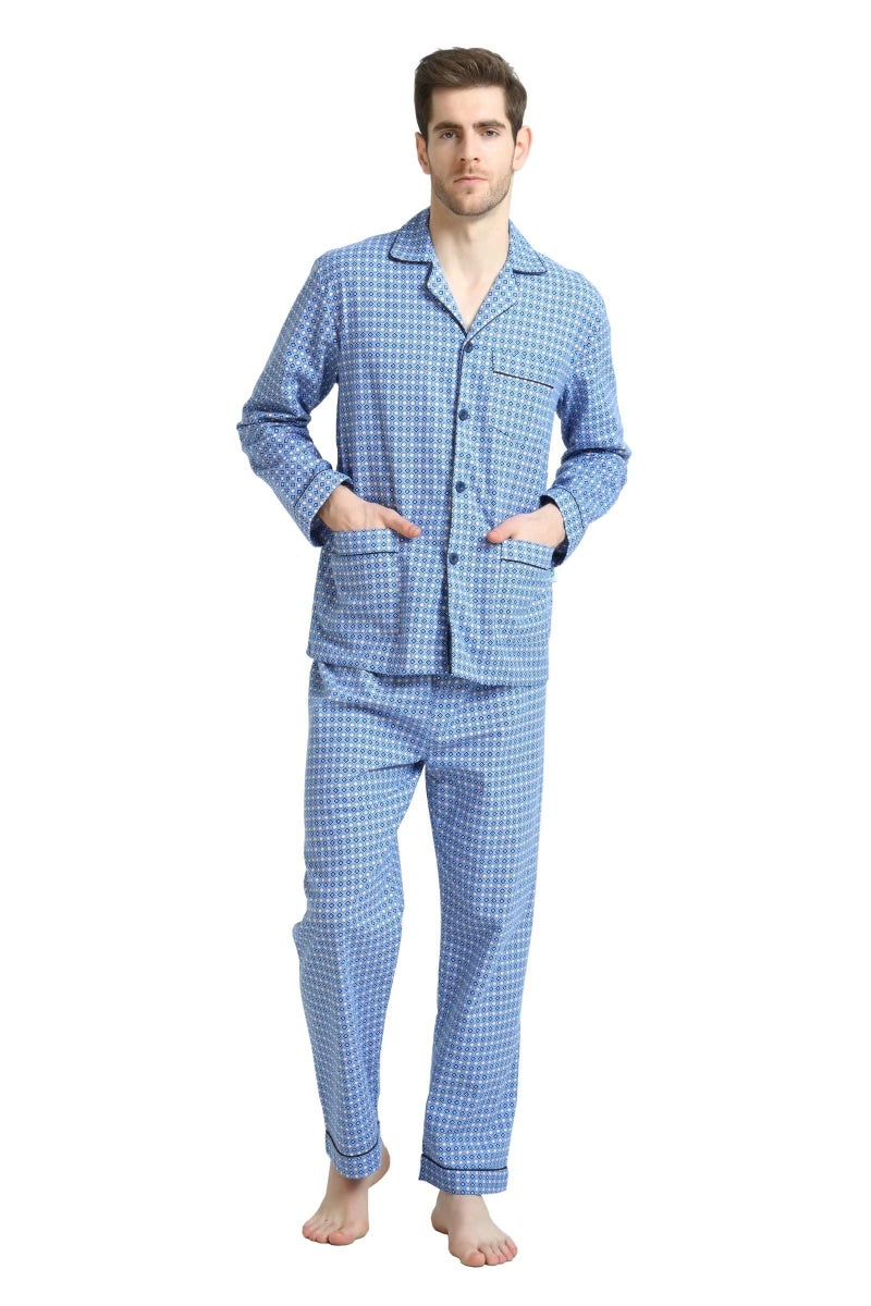 GLOBAL مجموعة بيجاما قطنية 100% من GLOBAL للرجال ناعمة ودافئة 2 قطعة للرجال بفتحة زر وحزام عالي مرن للراحة والنوم - Image 2