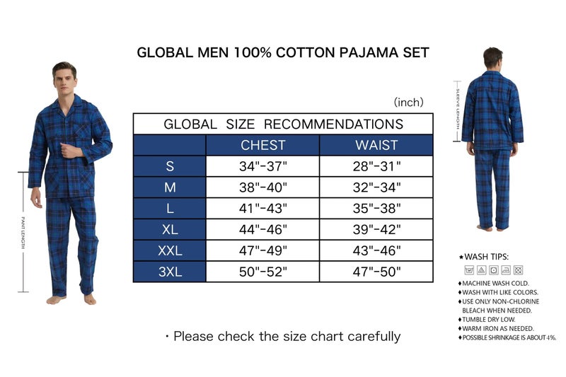 GLOBAL مجموعة بيجاما قطنية 100% من GLOBAL للرجال ناعمة ودافئة 2 قطعة للرجال بفتحة زر وحزام عالي مرن للراحة والنوم - Image 4