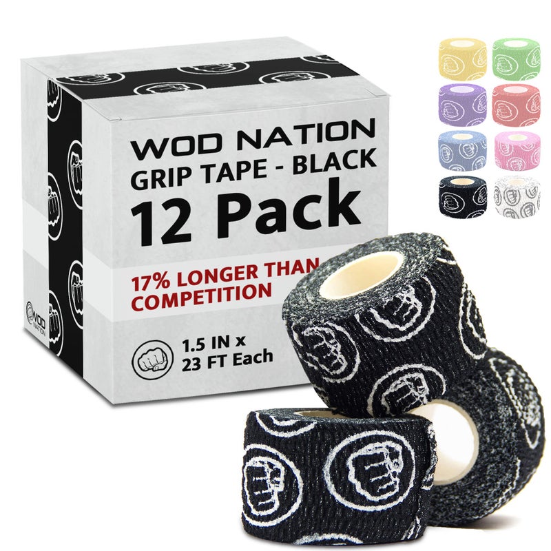 WOD Nation شريط قبضة الوزن من وود نايشن - شريط إبهام رياضي مريح ومرن للتدريب المتقاطع - يحمي المعصم والأصابع - رفع الأثقال - رفع القوة (3 عبوات، 23 قدم لكل منها، أسود) - Image 1