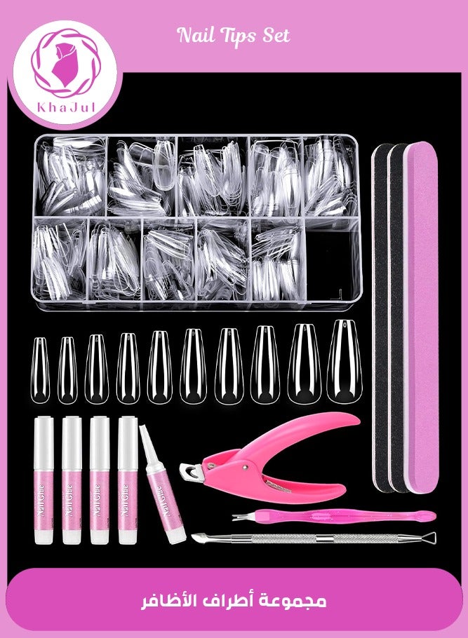 KHAJUL Clear False Nail Tips, Full Cover Nail Tips Set, 500 PCS Clear Press on Nails, With Glue, Clipper, Files, Cuticle Pusher and Fork for Gel Nail Art DIY, Salons and Home DIY with Box (Clear/Pink) - Image 1