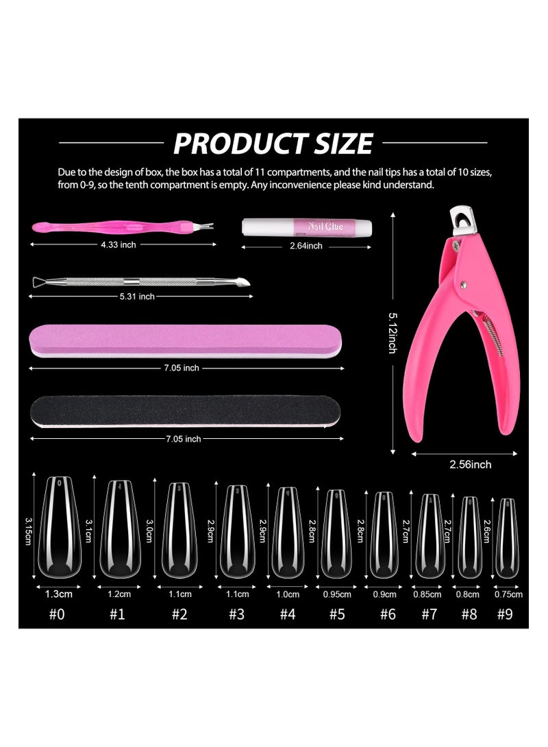 KHAJUL Clear False Nail Tips, Full Cover Nail Tips Set, 500 PCS Clear Press on Nails, With Glue, Clipper, Files, Cuticle Pusher and Fork for Gel Nail Art DIY, Salons and Home DIY with Box (Clear/Pink) - Image 2