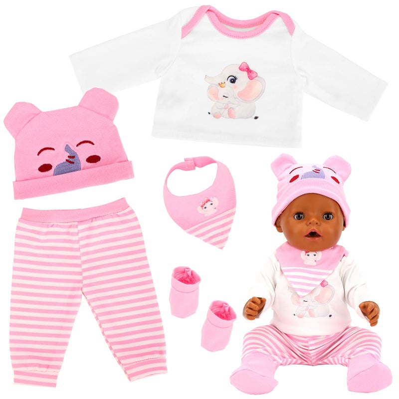 HONLAELLA 5 PCS Baby Doll Clothes 1416 Inch Baby Doll Elephant Pattern Outfit Accessories for Sweet Baby Dolls Clothing with Pink Hat Top Pants Socks - Image 3