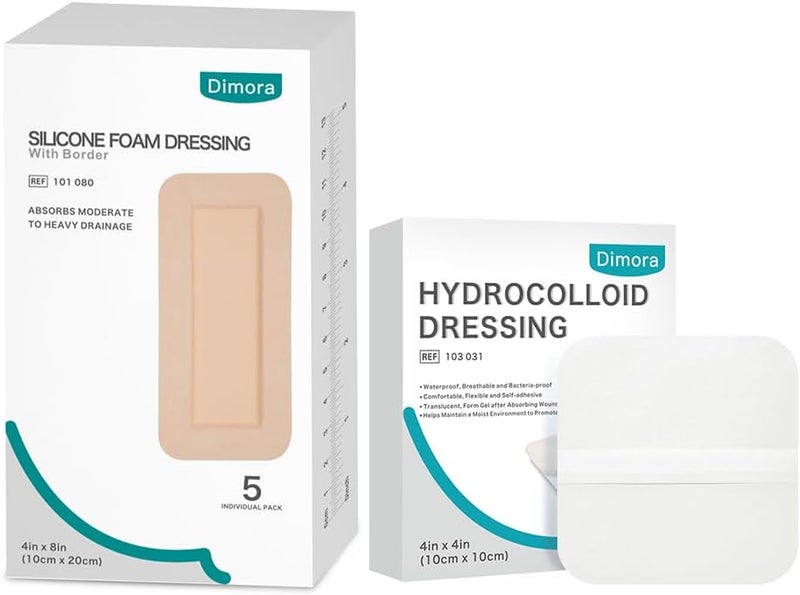 Dimora Silicone Foam Dressing with Border Adhesive 4x8 5 Pack  Hydrocolloid Wound Dressing 4 x 4 10 Pack - Image 1