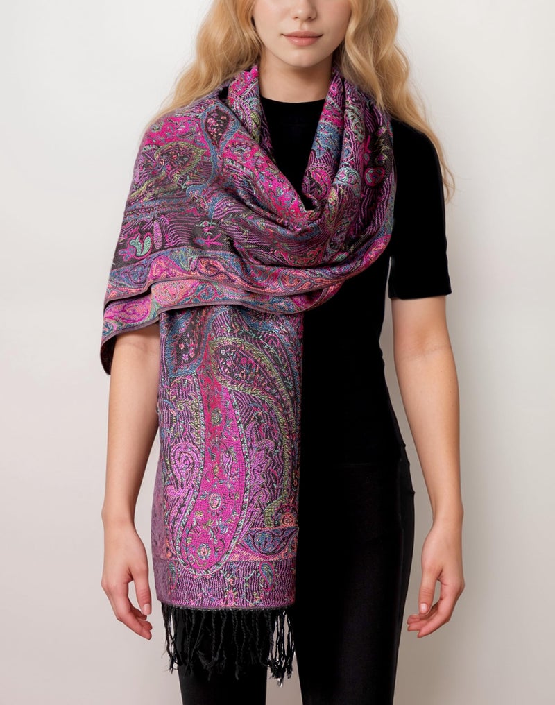 Achillea Soft Silky Reversible Paisley Pashmina Shawl Wrap Scarf w/Fringes (Tapestry Fuchsia) - Image 3