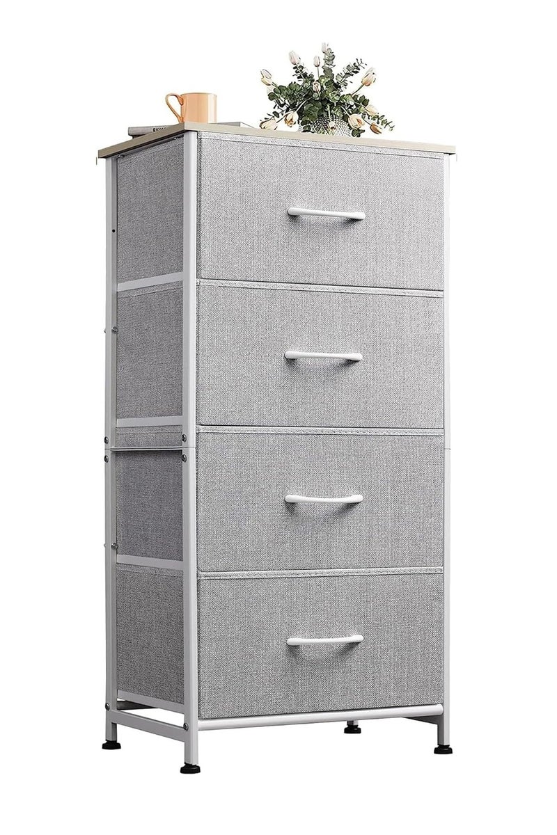 دبليو لايف درسر مع 4 أدراج، برج تخزين الأقمشة، وحدة تنظيم لغرفة النوم، الممر، المدخل، الخزانات، إطار صلب صلب، أعلى الخشب، سحب سهل للإضاءة الرمادية - Image 1