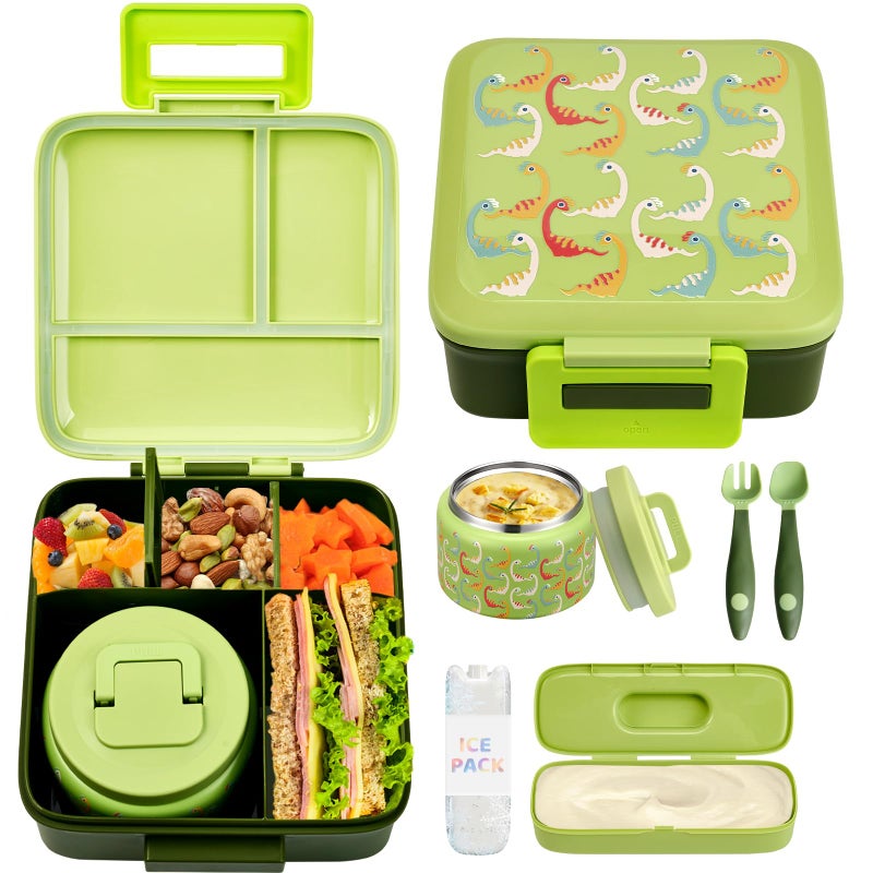 JXXM Bento Lunch Box with 8oz Soup thermo (Green-Colorful Dinosaur) - Image 1