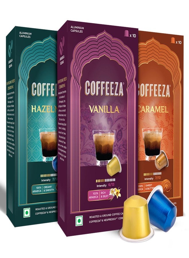 Coffeeza Flavoured Variety Pack Aluminium Coffee Capsules Caramel, Hazelnut and Vanilla (30 Pods) - Image 1