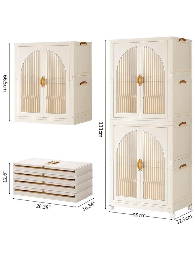 Generic Portable Kids Closet Foldable Storage Bins Stackable Storage Cabinet with Doors and Wheels for Home Bedroom,Free Installation(2 Tall)  - Image 4